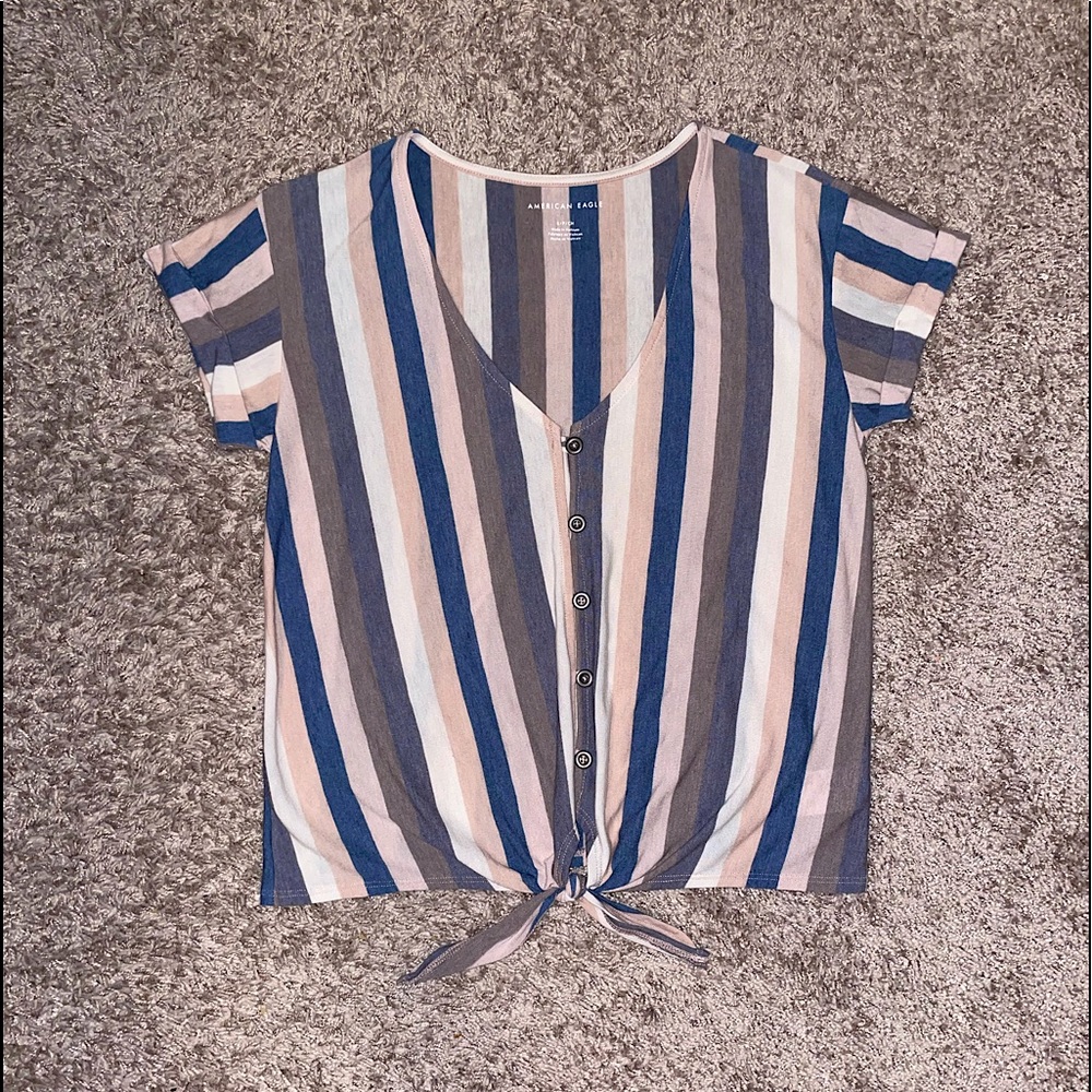 American Eagle Striped Tie Front Button Up T-Shirt